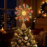 Starburst Christmas Tree Topper, LED Gold Star Tree Top Decor 11.5 Inch | Mid-century Atomic Starburst Design, Glowing LED Lights &amp; Multicolor Glitter Balls, Fits Most Trees, Indoor/outdoor