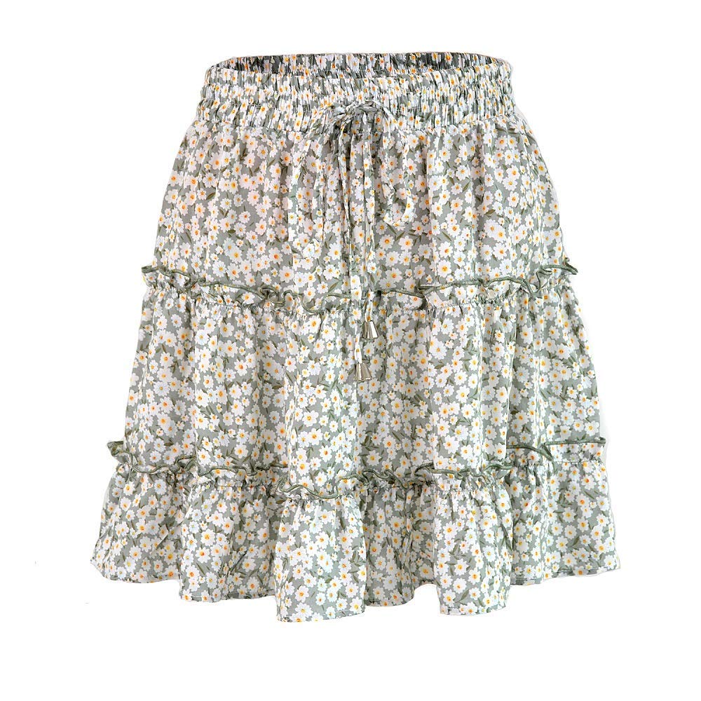 Photo 1 of LYCHIC Women's Cute Short Skirts for Summer Beach Vacation Tiered High Waist Flower Pattern Ruffle Mini Short Skirt Green Floral M