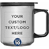 DISCOUNT PROMOS Custom Stainless Steel Travel Mugs with Handle 12 oz. Set of 10, Personalized Bulk Pack - Perfect for Coffee, Soda, Other Hot & Cold Beverages - Stainless Steel