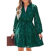 CUPSHE Women Ruffle Lace Mini Fall Dresses Semi Formal Wedding Guest Dress V Neck Long Puff Sleeve Elastic Waist Tie