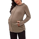 DEBELLY Maternity Sweatshirts Long Sleeve Full Zip Hoodie Casual Pregnancy Women Jacket Top with Pockets,Thumb Hole,Side Ruch
