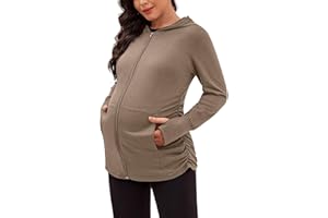 DEBELLY Maternity Sweatshirts Long Sleeve Full Zip Hoodie Casual Pregnancy Women Jacket Top with Pockets,Thumb Hole,Side Ruch