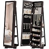 Bonnlo 360° Swivel Jewelry Mirror Cabinet with Inside Makeup Mirror,Full Length Mirror with Jewelry Storage, Lockable Standing Jewelry Armoire Organizer, Espejo Oon Almacenamiento for Bedroom,Brown