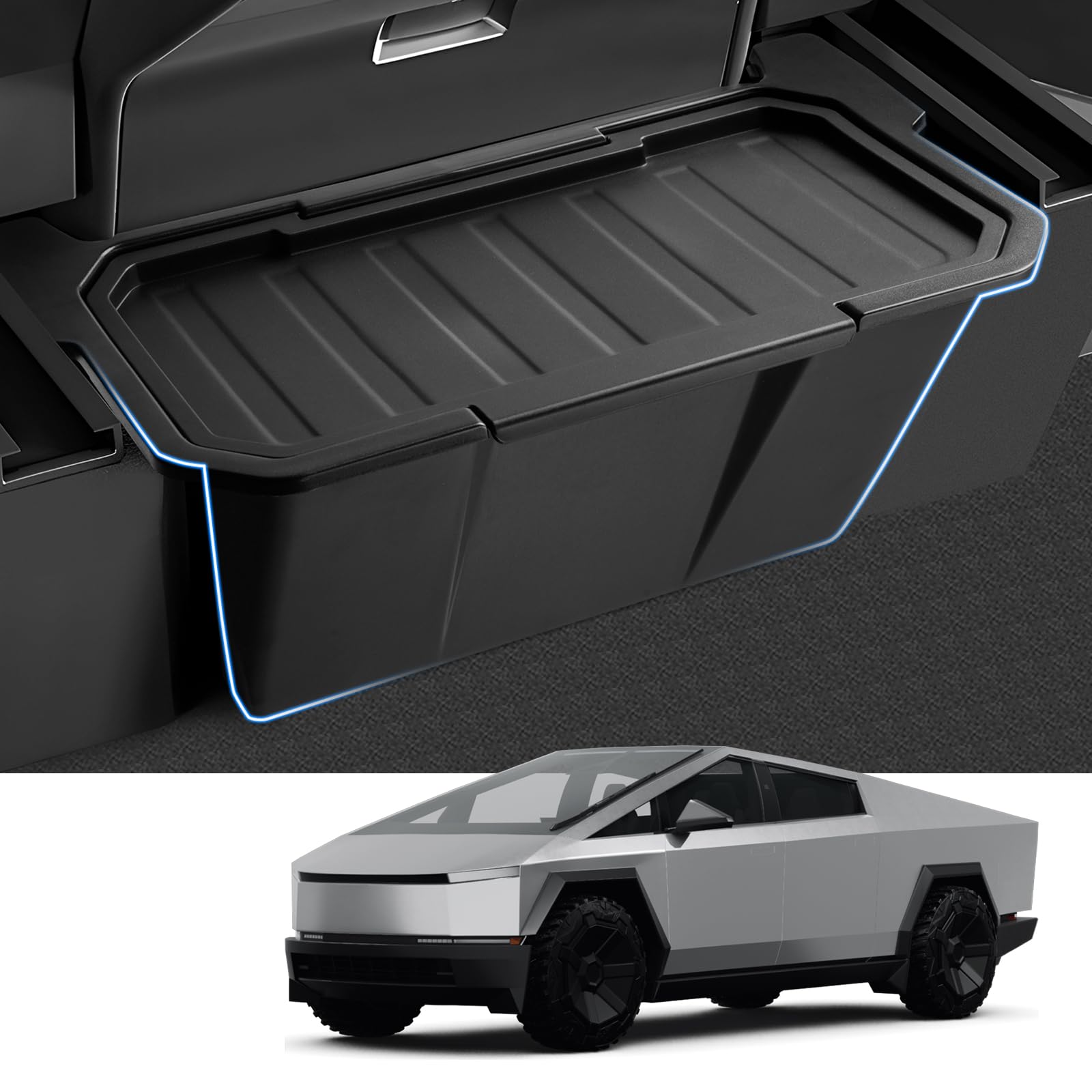 Photo 1 of Canvcle Rear Floor Storage Box for 2024 2025 2026 Tesla Cybertruck Accessories, 2nd Row Floor Storage Bin TPE Backseat Storage Box Rear Center Console Organizer with Anti-Slip Lid Cover Trash Can