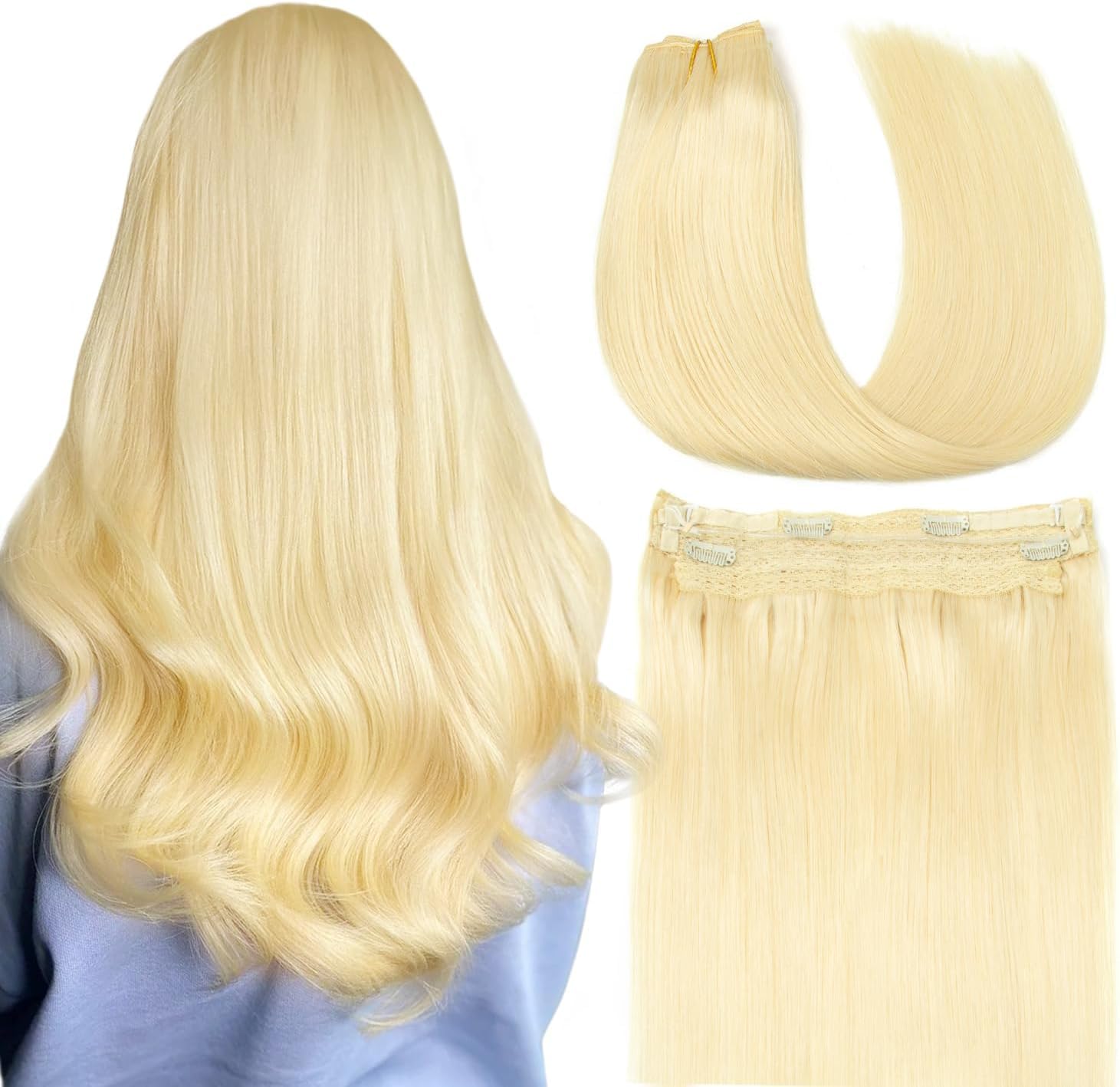 AGMITY Human Hair Wire Hair Extensions Bleach Blonde 100Gram Hidden Removable Thick Straight with Transparent Fish Line Remy Wire Hair Extensions for Women(20 Inch #613 Bleach Blonde)