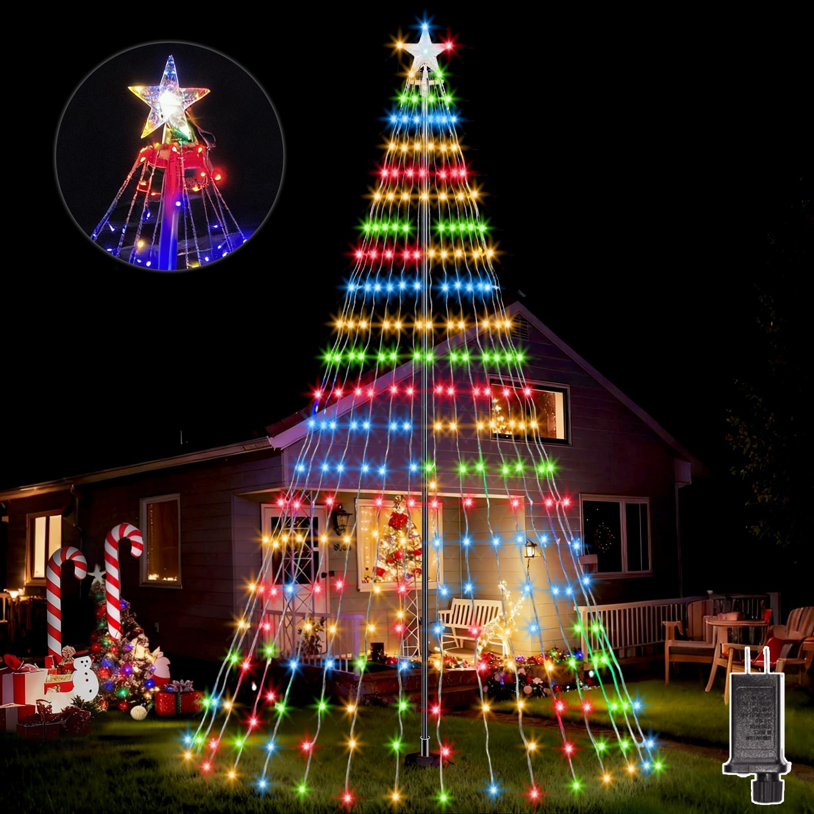 Photo 1 of 23FT Outdoor Flag Pole Christmas Tree Light Kit, 630 LED FlagPole Christmas Tree Lights with Star Topper 8 Modes, Flag Pole Waterfall Christmas Lights with Ring for Flagpole Xmas Decorations Yard