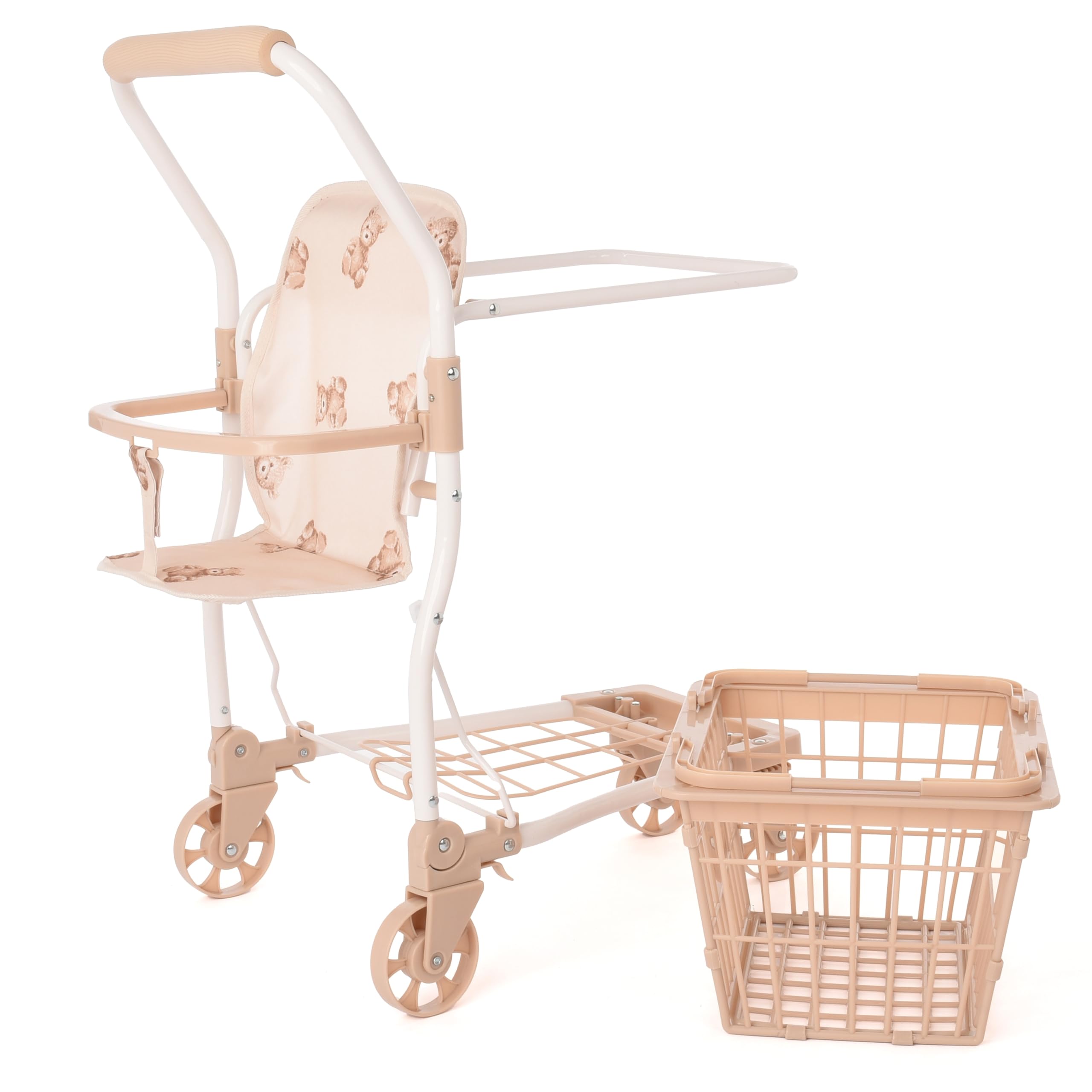 Roma Dolls Shopping Trolley for Kids Toys - 67cm Baby Doll Role Play Shopping Trolley with Removable Basket, Seat for Doll or Teddy, Lightweight Metal Frame, Swivel Wheels, Collapsible (Teddy)