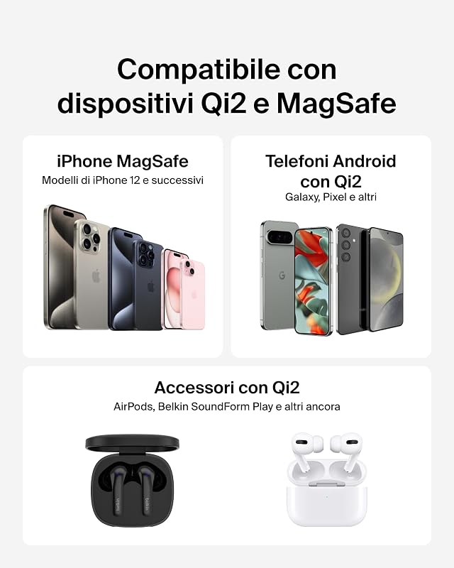 Tappetino di ricarica wireless magnetica 15 W con supporto, caricatore wireless Qi2 compatibile con MagSafe per iPhone 16 Series, Samsung Galaxy S25 Series, AirPods (con alimentatore), nero