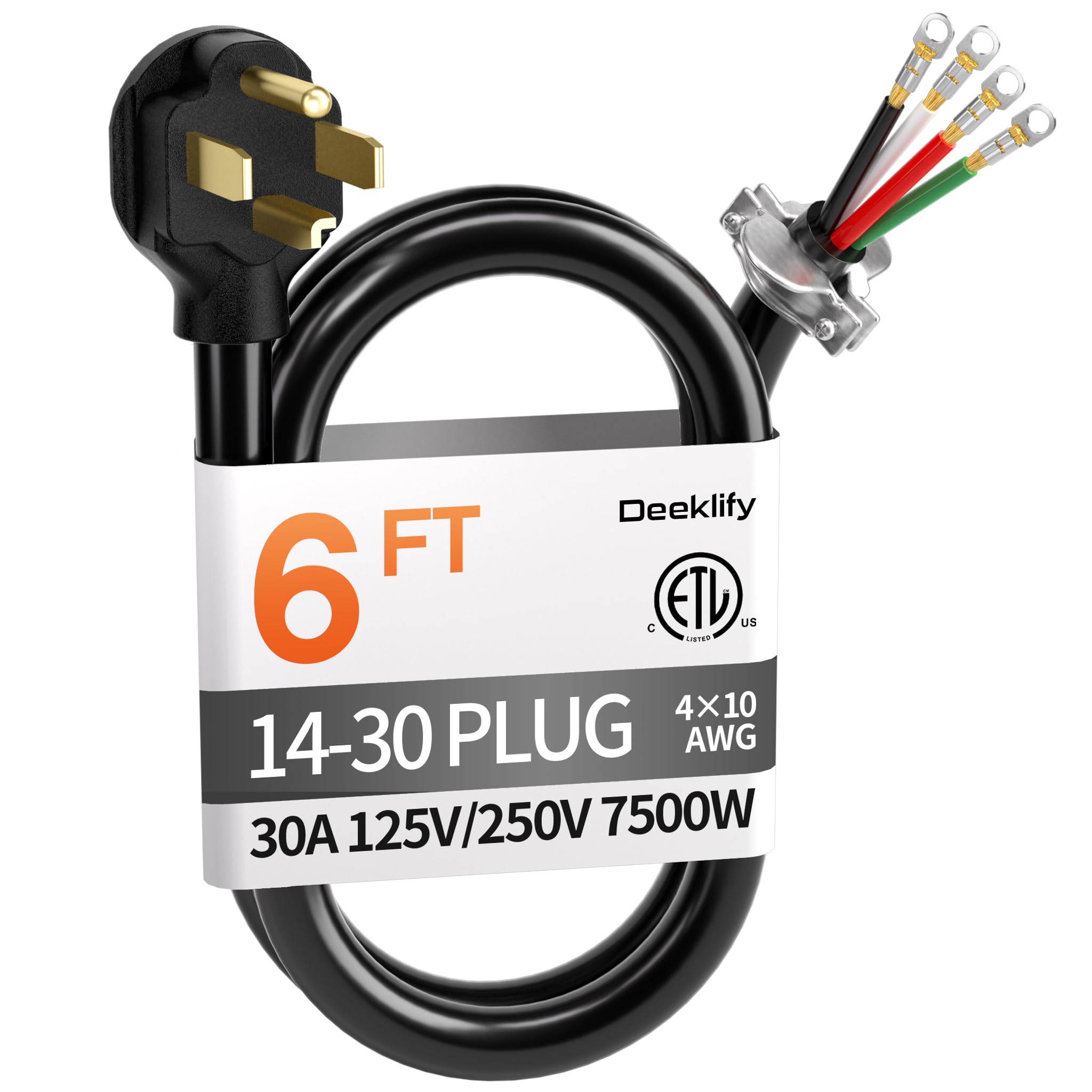 Photo 1 of Deeklify 6 ft 4 Prong Dryer Cord, 30Amp 10 Gauge Dryer Power Cord Replacement,Pure Copper 4-Wire Extension Cord with NEMA 14-30P Plug and O-Ring Terminals, 250V 7500W, ETL Listed, Black STW