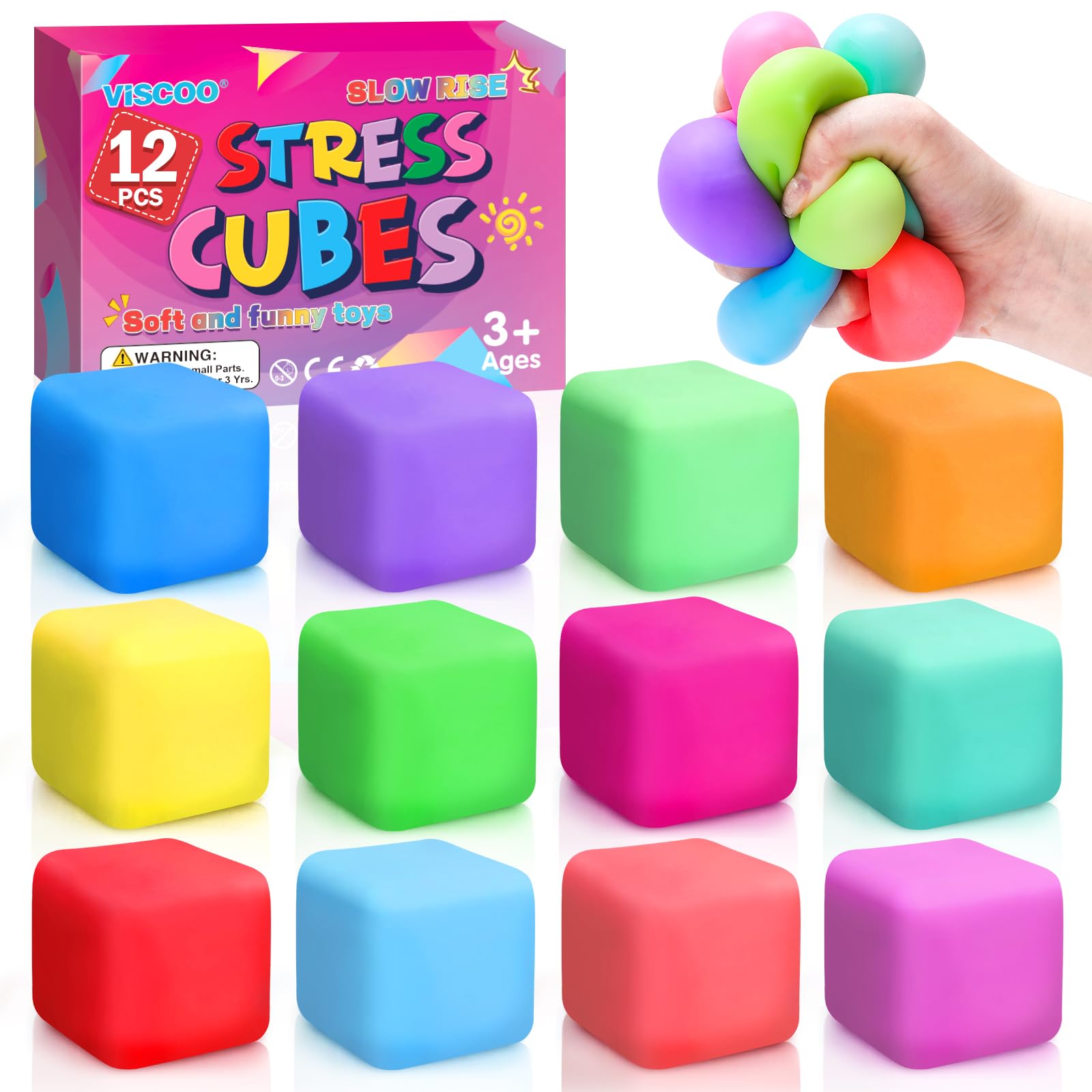 Photo 1 of 12 Pack Slow Rising Stress Cube, Dough Stress Balls Squishy Fidget Toys for Anxiety Relief, Soft Fidget Cube, Pull Stretch Squishy Toys for Classroom Prize, Party Favors for Kids Adults