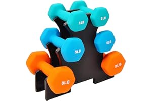 BalanceFrom Fitness 3 Pair Neoprene Coated Hexagon Shaped Dumbbell Set with 3, 5, and 8 Pound Hand Weights, Weight Stand, and Assembly Tool