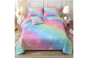 JQinHome Glitter Bedding Set Full Size,6 Piece Bed in A Bag 3D Colorful Rainbow Galaxy Comforter Set for Girls Kids(1 Comfort