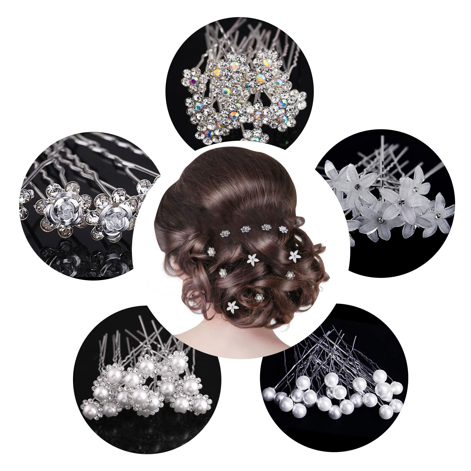 25Pcs Pearl Hair Pins, Wedding Hair Grips Bridal Hair Pins, U Shaped Crystal Flower Pins Brides Maid Hair Accessories for Women Girls Bridal Ball Party Favors - 5 Styles