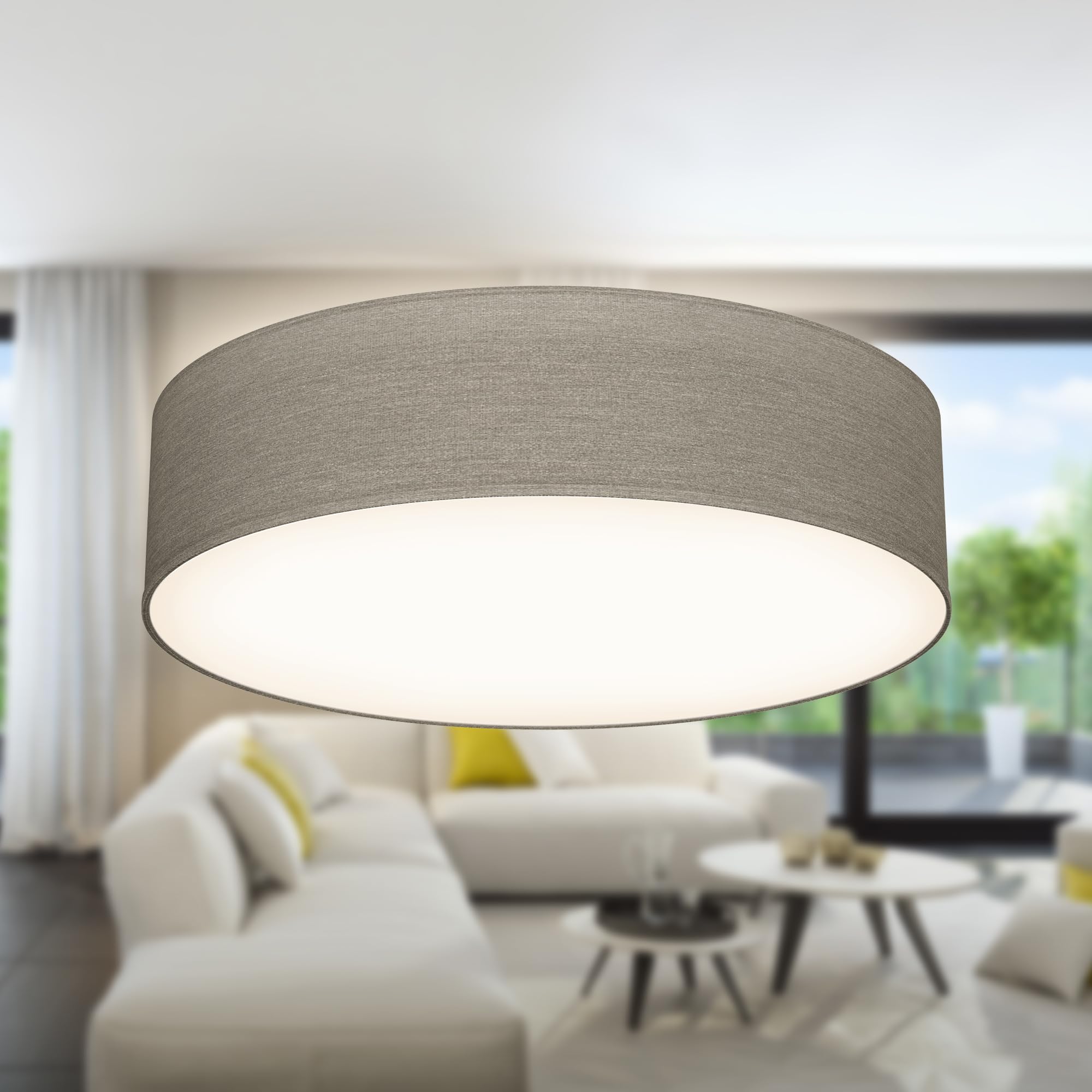 B.K.Licht - Ceiling Light with Fabric Light Shade, Flush Mount Light Fitting, 2 E27 Sockets, max. 40 watt Bulb, Livingroom, Bedroom Ceiling Lights, Hallway Lighting, Soft Light Lamp, 38x10 cm, Taupe