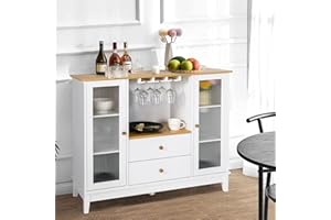 LUCKWIND 47" Sideboard Buffet Cabinet, Kitchen Storage Cabinet Buffet Server with Glass Doors & Drawers, Console Table for Dining Room Living Room and Entryway, White