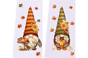 LXOMILL Fall Gnomes Kitchen Towels, Maple Leaves Pumpkin Fall Dish Towels, Gnome Fall Decor, Fall Hand Towels, Set of 2