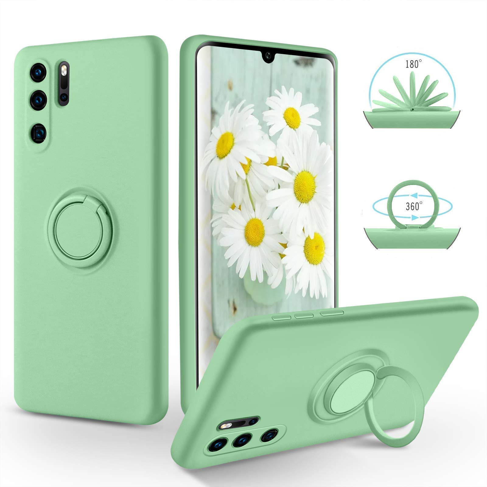 SouliGo Huawei P30 Pro Case Silicone Soft Gel Rubber 360° Ring Holder Kickstand for Magnetic Car Mount, Slim Anti-Scratch Protective Shockproof Phone Cover for Huawei P30 Pro 6.47" - Green