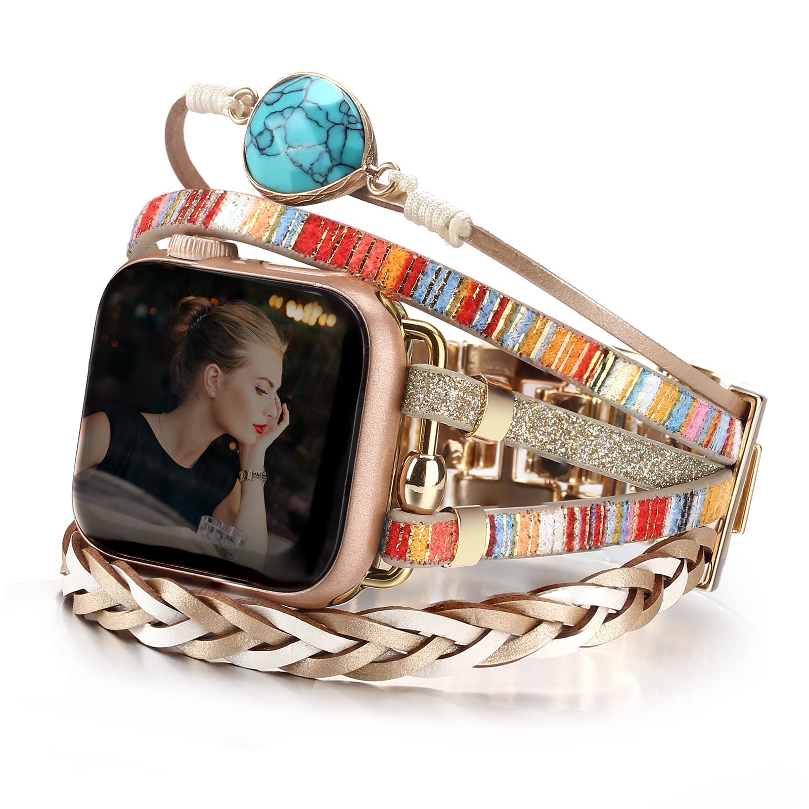 CHARMINGO Boho Leather Wrap Bands Compatible with Apple Watch Band Bracelet for Women Men 42mm/44mm/45mm, Multilayer Apple Watch Strap for Iwatch Band Series 7/6/5/4/3/2/1/SE — image 1