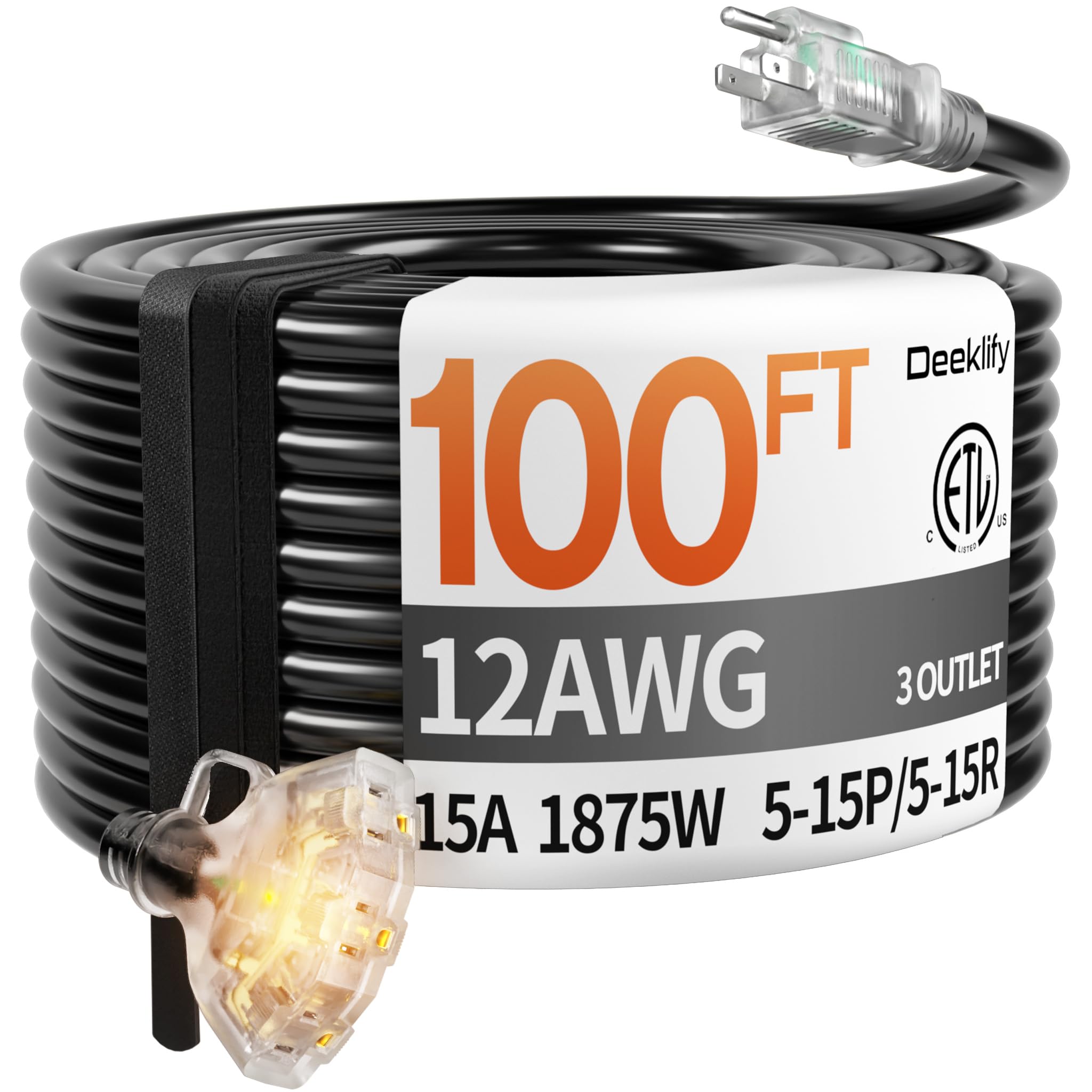Photo 1 of Deeklify 100 ft 12 Gauge Heavy Duty 3 Outlet Extension Cord Splitter with Indicator, Waterproof Outdoor Extension Cord with Multiple Outlets, 15A 1875W for Home & Workshop, ETL Listed, Black SJTW