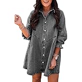 Sidefeel Womens Smocked 3 4 Sleeve Button Down Denim Jeans Dresses