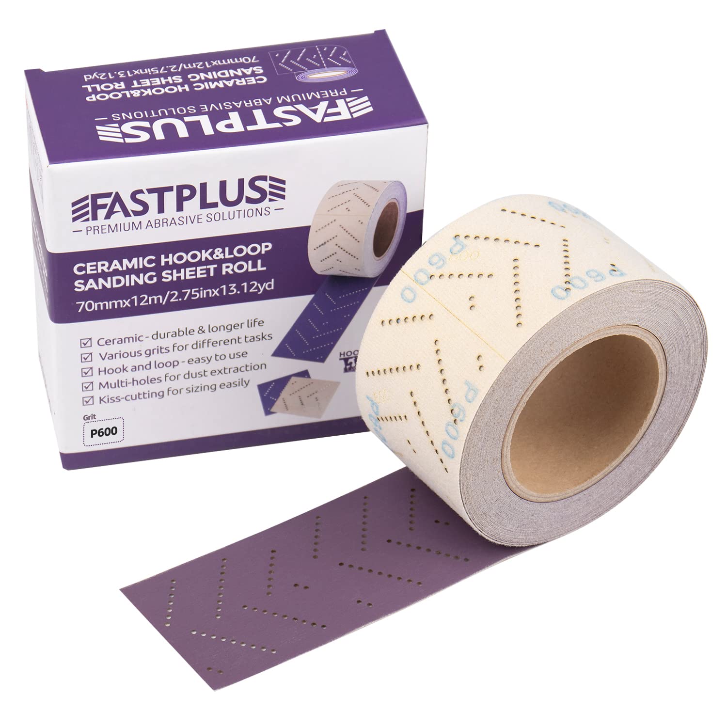 FASTPLUS Abrasive Sheet Roll, Purple Ceramic Automotive Sandpaper Roll,Multi-Hole, 70 mm x 12 m Rectangular Hand Torn Sandpaper for Wood Sanding,Coating Removal,Body Repair,600 Grit