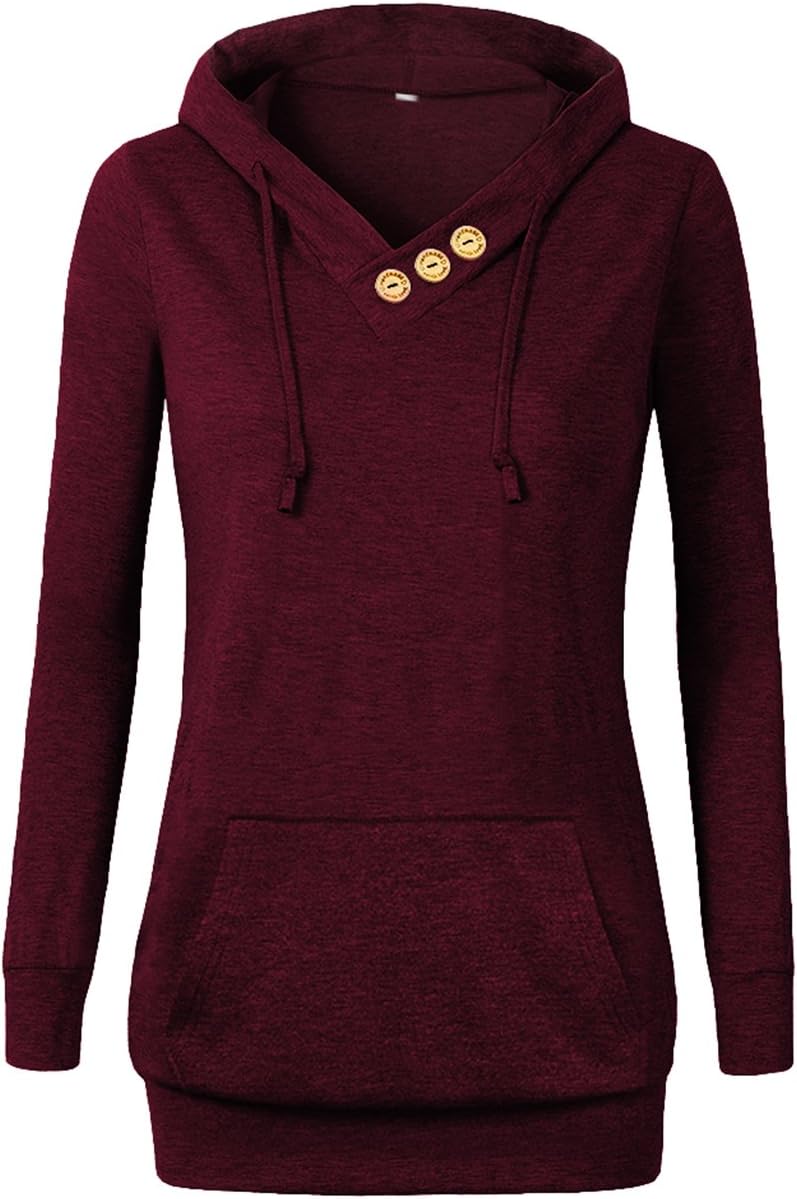 VOIANLIMO Women's Sweatshirts Long Sleeve Button V-Neck Pockets Pullover Hoodies