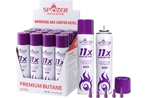 SPOZER 11X Premium Butane Fuel Refill, Universal 99.99% Ultra Pure Butane Gas for Torch Lighters, 300ml(10.14 Oz) Cans, One Display Box(Pack of 12)