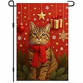 BlissYard Christmas Garden Flag 12x18 Inch Welcome Tabby Cat Outdoor Flag Double Sided Holiday Yard Banner with Red Scarf Gold Ornaments and Snowflakes for Porch Lawn Patio