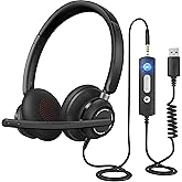 JabNecter Wired Headphones with Microphone for PC, On-Ear Computer Laptop USB Headset with Noise Cancelling Microphone in-line Control for Home Office Online Class Skype Zoom, (3.5mm + USB)