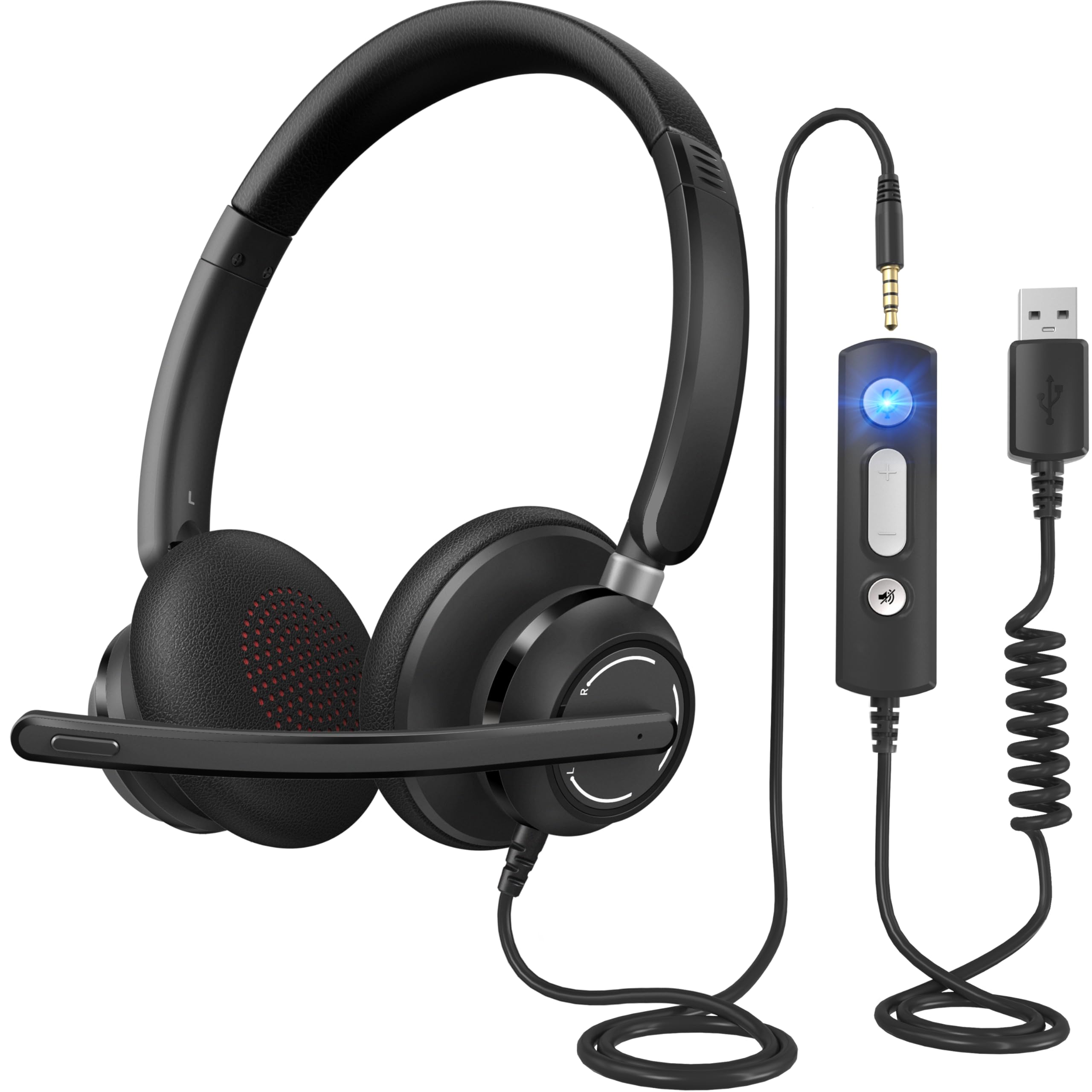 Photo 1 of JabNecter USB Headset with Microphone for PC, Wired Headphones with Noise Cancelling Mic, Computer Headset with in-line Controls, 3.5mm & USB Plug for Zoom, Skype, Call Center, Office Use, Black