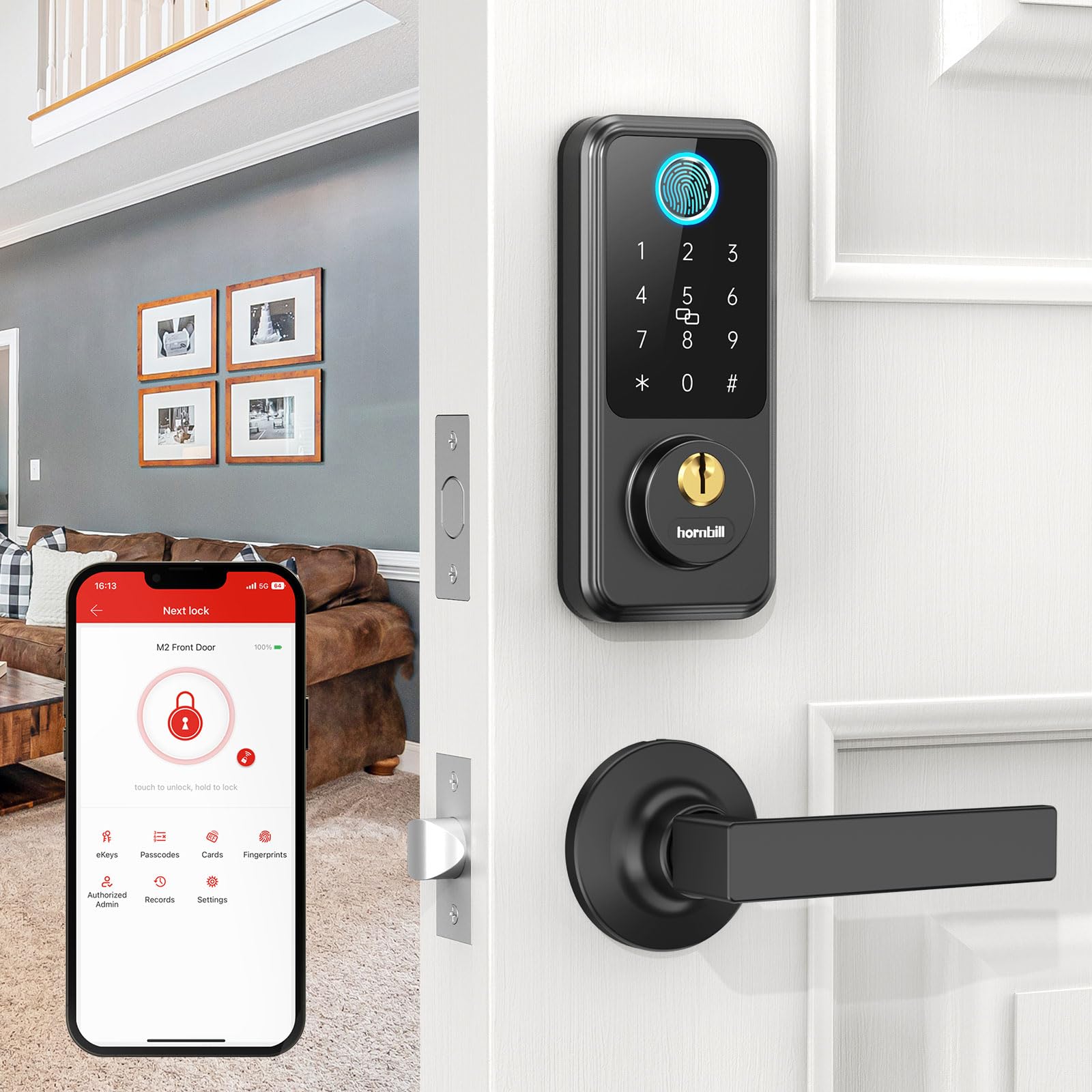 Keyless Entry Door Lock with Handlesets: Smart Locks for Front Door - Hornbill Smart Deadbolt with Handle Door Lever - Fingerprint Door Lock with Keypad Lever - Code App Unlock