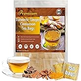 Turmeric Ginger Cinnamon Tea Bags Organic - Natural Premium Turmeric Ginger Herbal Tea, Curcuma Teas Bag Hand-made Blend of Turmeric&Ginger&Cinnamon, Improve Digestion, Support Brain, Skin and Sleep, No Additives & Caffeine Free (150 Count)