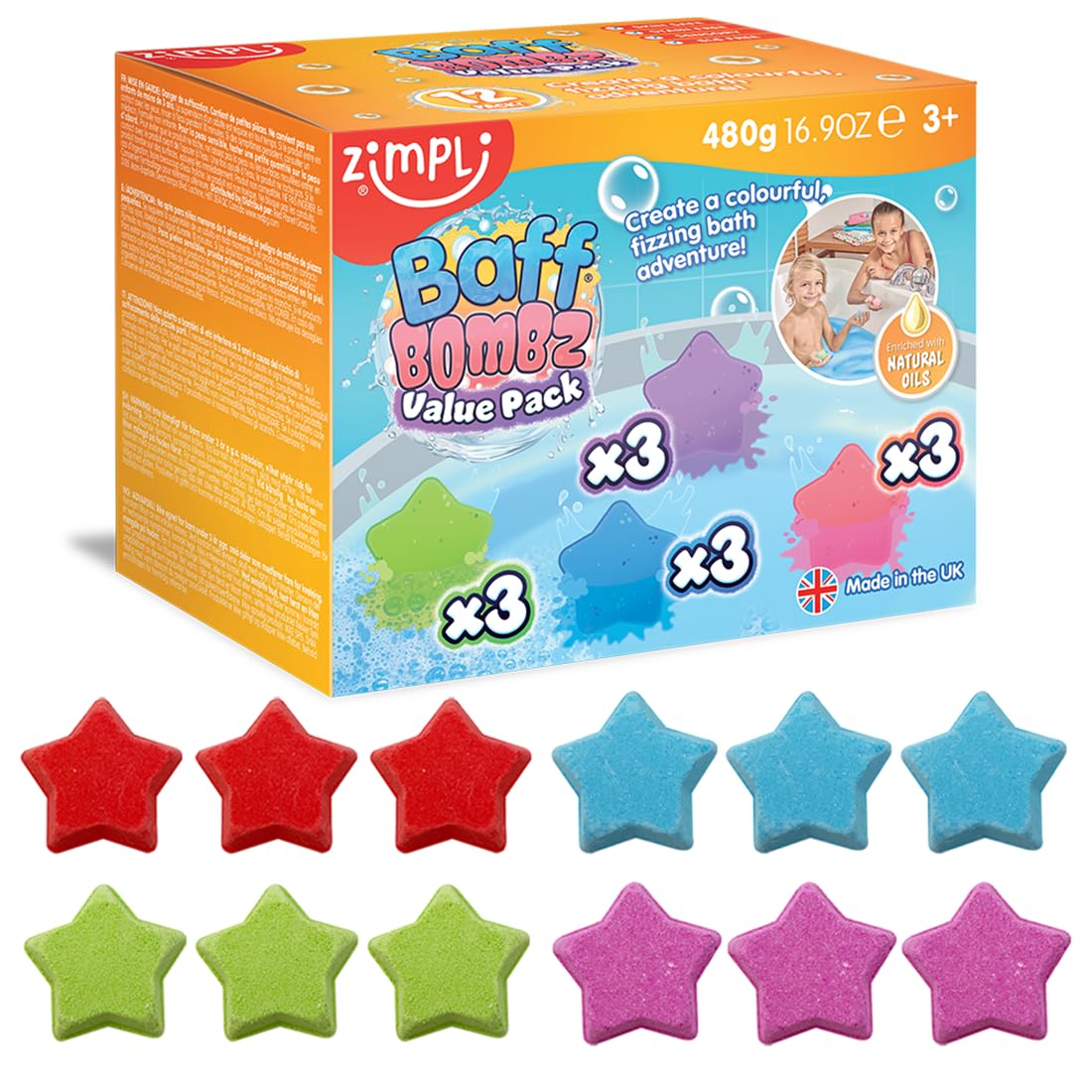 ZIMPLI - 12 x Star Baff Bombz, Create a Colourful, fizzing, bathtime Adventure, Birthday Gift for Kids, Moisturising Bath Bombs, Vegan Friendly & Cruelty Free