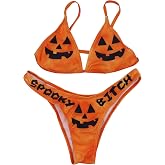 ANKOMINA Women Gothic Skull Letter Printed Two Piece Swimsuit High Cut Triangle Bikini Set for Rave Party Festival Halloween
