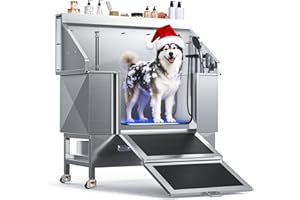 CAMMOO 50'' Dog Bathing Station - 304 Stainless Steel, Leak-Proof Deep Soak, Dog Bathing Station, 27.4" Wide Ramp, Swivel Wheels, Dog Grooming Tub, Piano-Key Faucet, 2 Drawers for Medium & Small Pets
