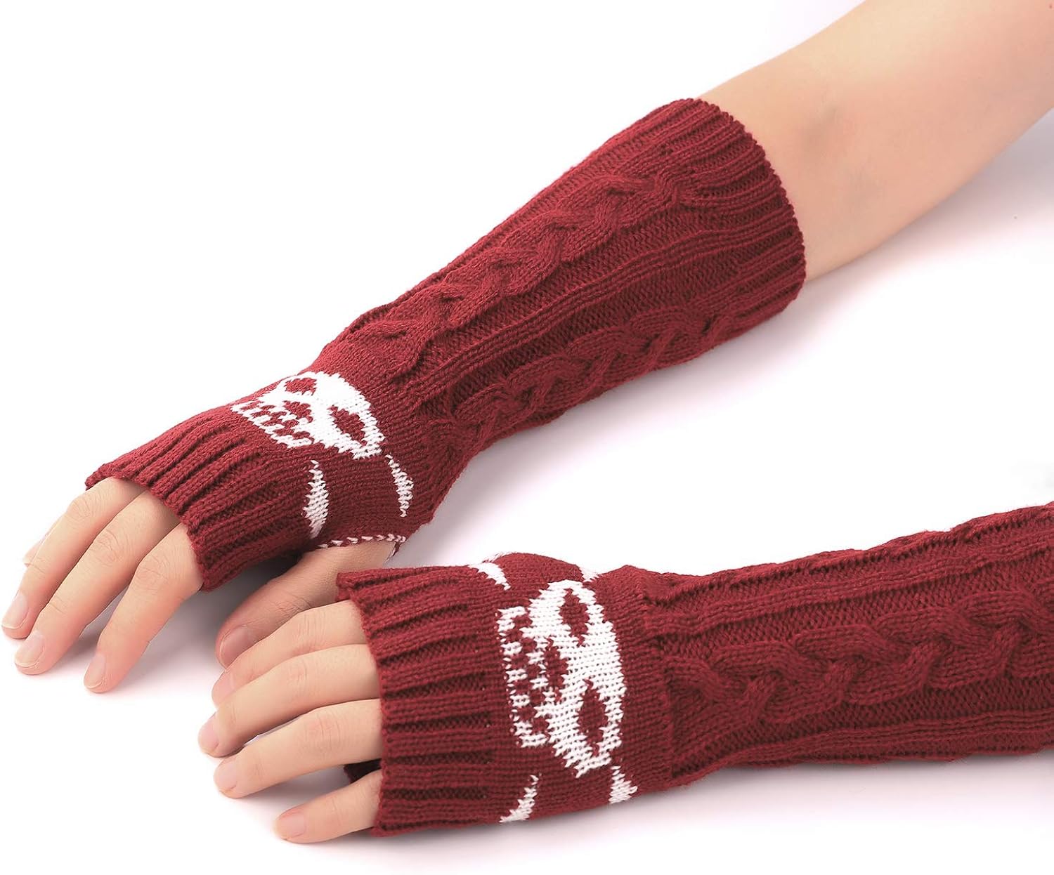 Flammi Women’s Cable Knit Fingerless Gloves Arm Warmers with Crossbones Jacquard Skull Thumbhole Mittens (Dark Grey) at  Women’s Clothing store