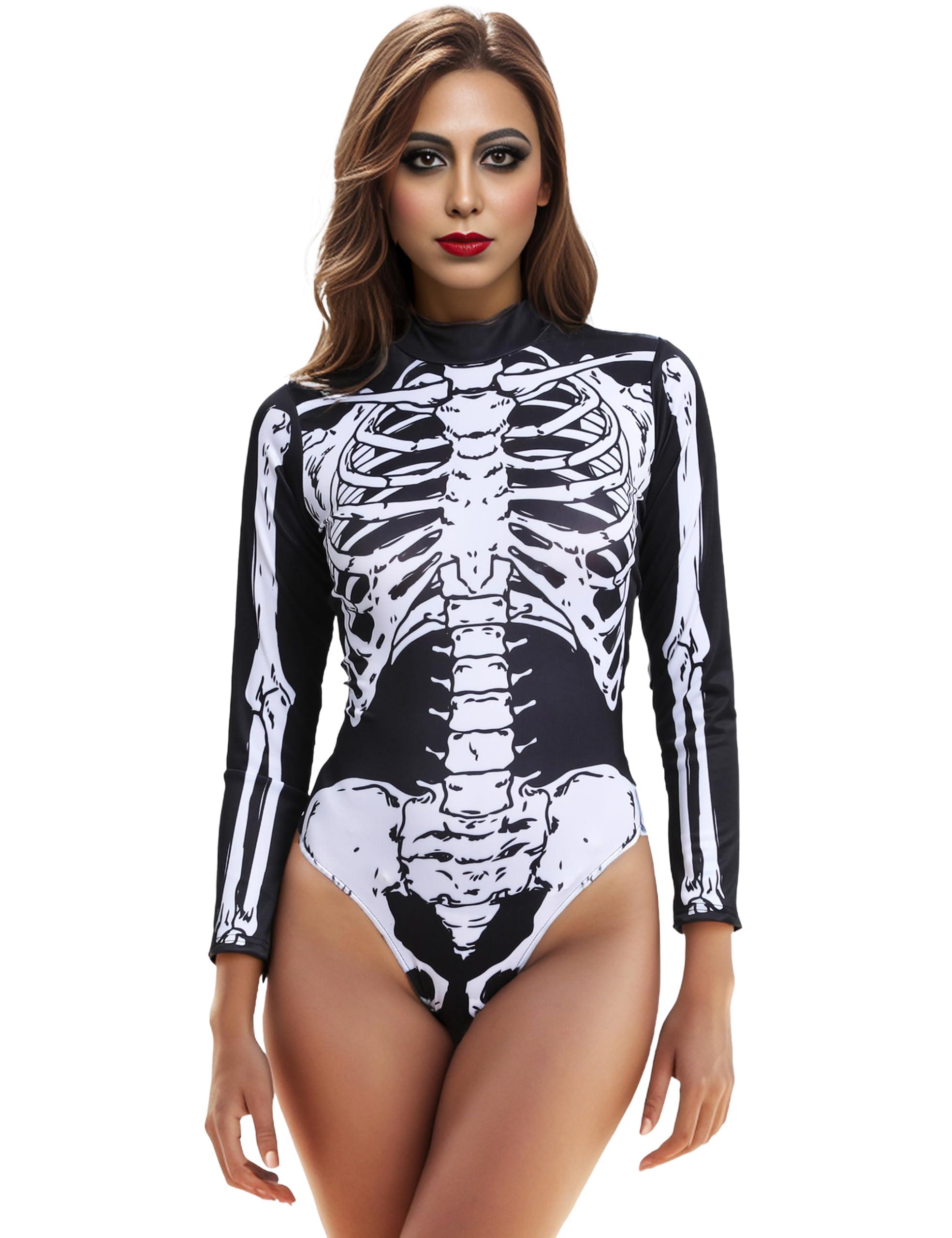 Photo 1 of Lucky2Buy Halloween Skeleton Costume for Women Cozy Long Sleeve Onesie Adult Bodysuit (Black, Small~Medium)