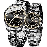 yunanwa Valentines Couple Pair Watches Men and Women Luminous Calendar Waterproof Gold Silver Stainless Steel Quartz Watch Blue Face his and Hers Watches Set Lovers Set of 2