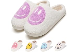 LINWIND Fuzzy Slippers for Women Men, Cute Retro Fluffy Happy Face House Slippers, Plush Memory Foam Slippers for Women Indoor and Outdoor Cozy Trendy Slip-On Shoes