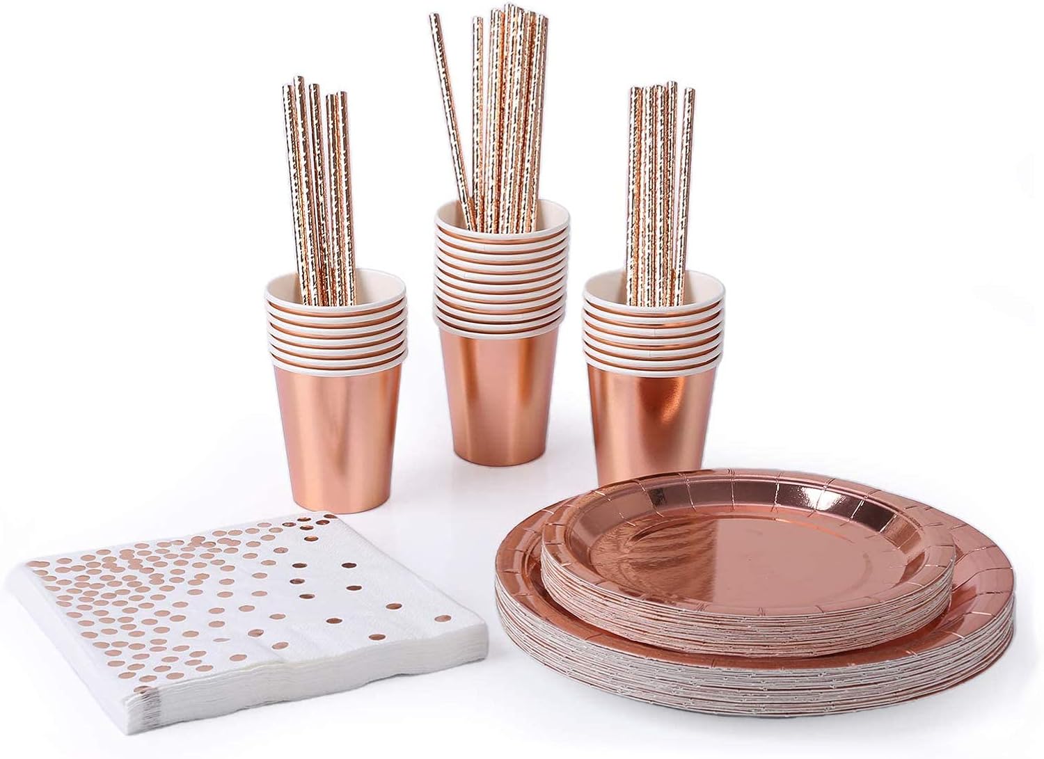 Anjing 146 Pcs Tableware Rose Gold Party Tableware Foil Paper Plates Napkins Cups Straws for Weddings/Graduation/Birthday/Festival