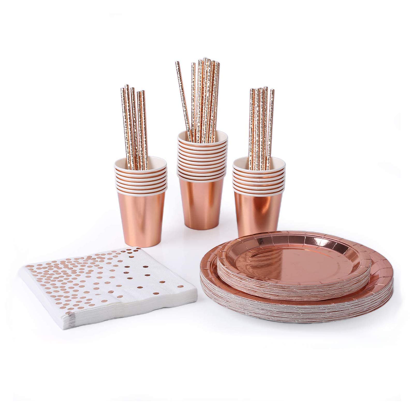 Anjing 146 Pcs Tableware Rose Gold Party Tableware Foil Paper Plates Napkins Cups Straws for Weddings/Graduation/Birthday/Festival