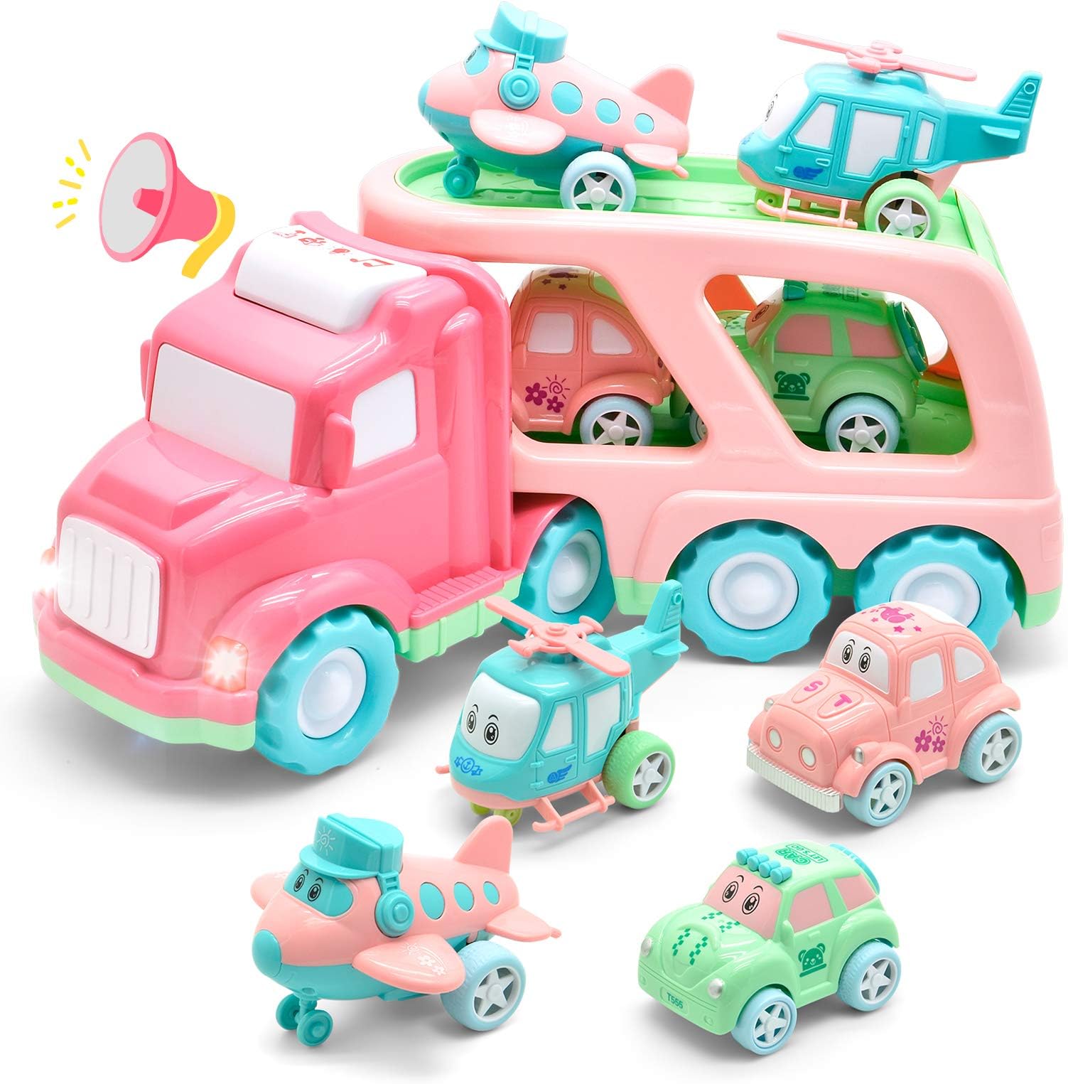 Cartoon Vehicles Toddler Girl Toys Friction Powered Pink Toy Car Carrier Transport Truck with Light & Sound 5 in 1 Toy Cars /Airplane /Helicopter Birthday Gift Toys for 1 2 Year Old Girl