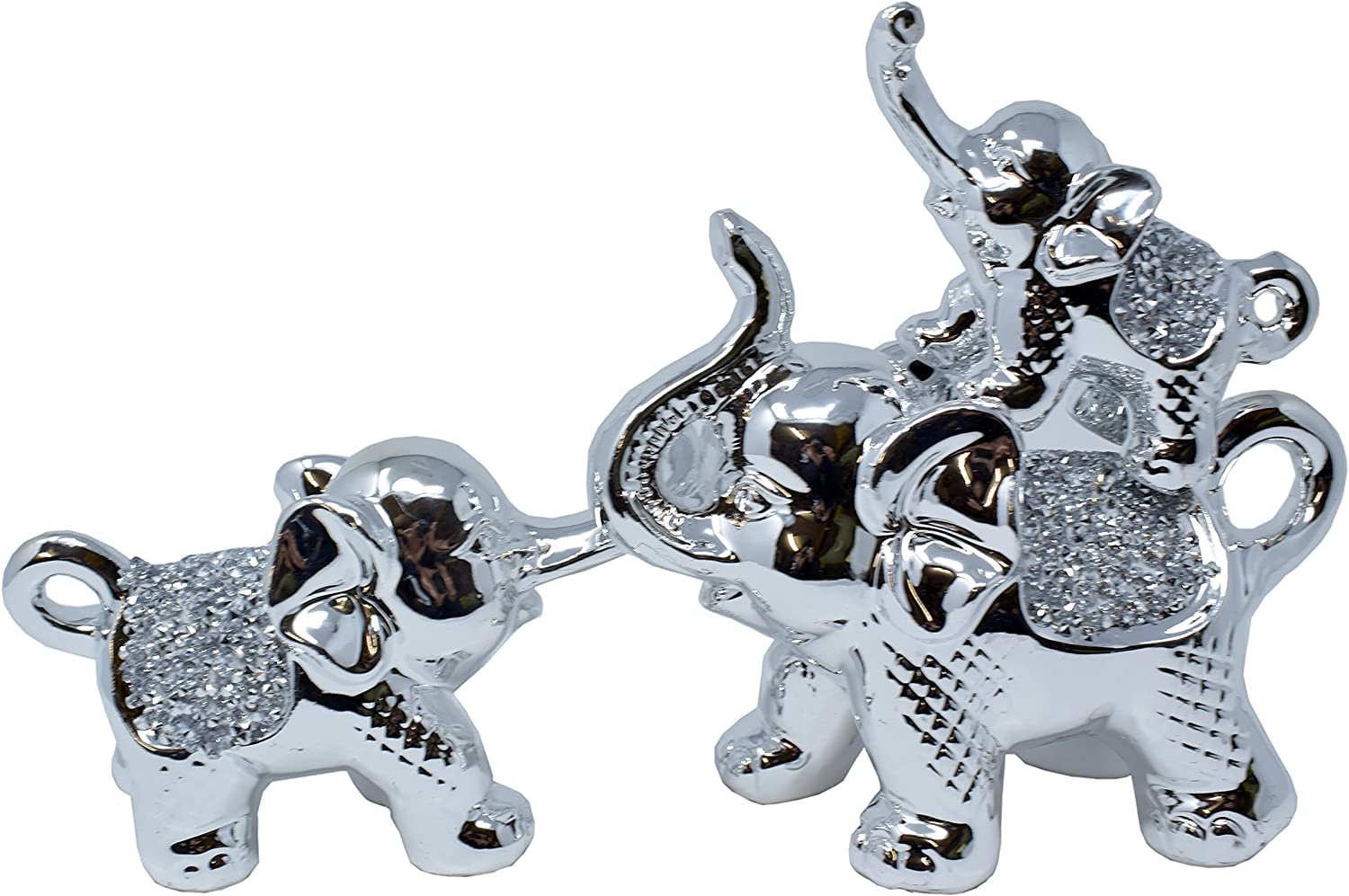 Handcrafted Ceramic Crushed Diamond Elephant Figurines, Set of 3, Mother and Two Babies, Diamante Crystal-Filled, Artisan Animal Ornaments for Home and Office Decor
