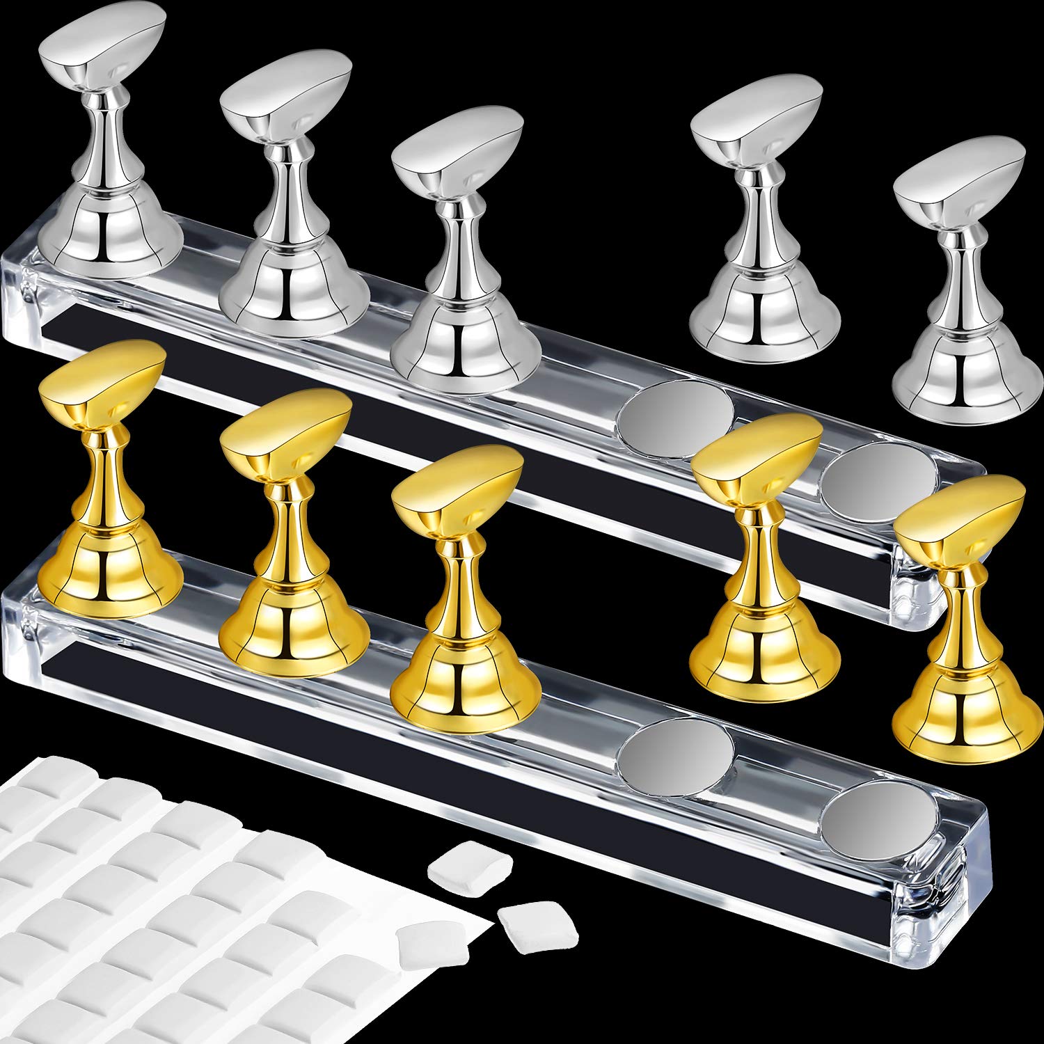 2 Set Acrylic Nail Art Practice Stands Magnetic Nail Tips Holders Training Fingernail Display Stands DIY Nail Crystal Holders and 96 Pieces White Reusable Adhesive Putty (Gold and Silver) : Beauty
