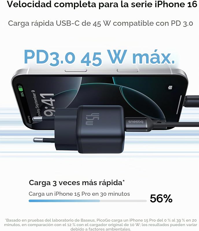 Baseus PicoGo 45W USB C Charger, Fast Charge GAN PD3.0 PPS Carregador Compacto para iPhone 16 Pro Max/15/14/13, Galaxy S24/S23/S23+/S23 Ultra/S22/S21/S20, Pixel, iPad/iPad Mini, Preto