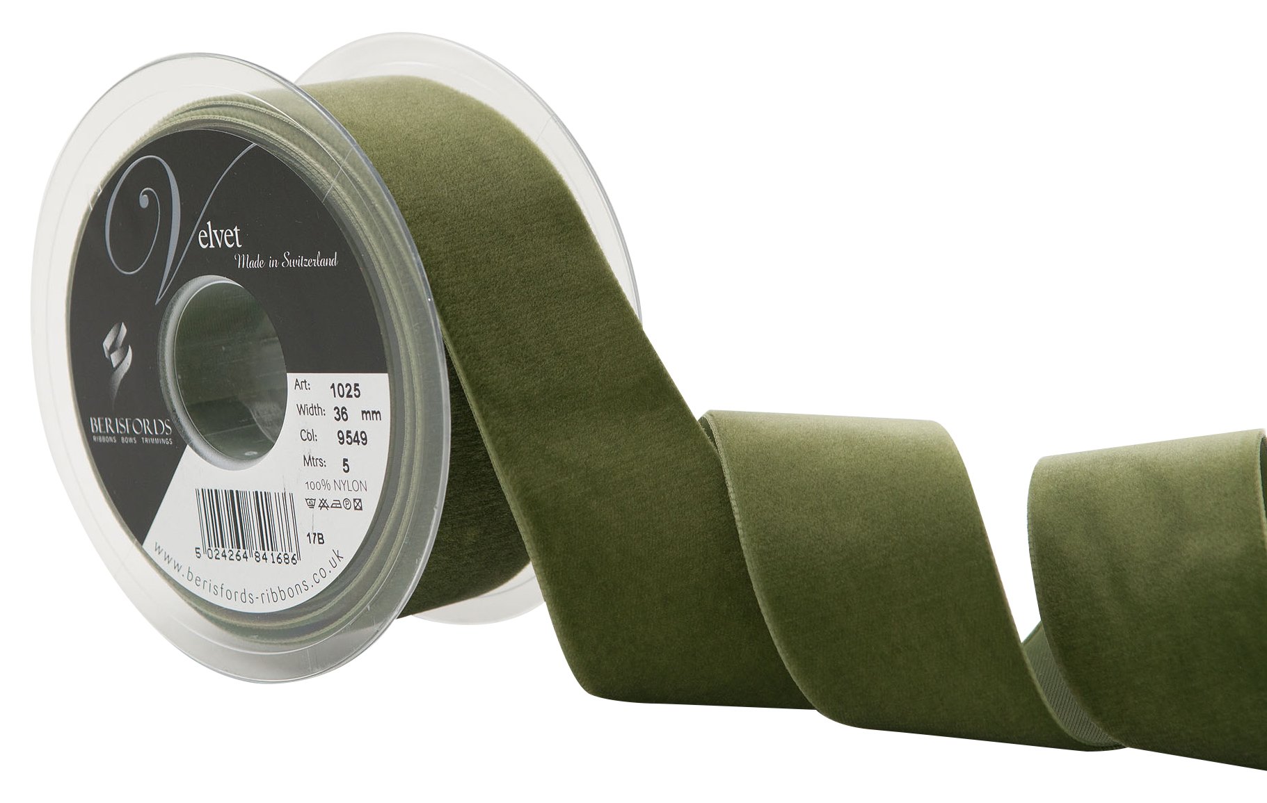 Berisfords Velvet Ribbon, Moss, 102 x 36 x 102 cm