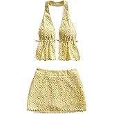 MakeMeChic Women's 2 Piece Y2k Outfits Backless Halter Crop Tops and Bodycon Skirt Set