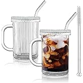 Joeyan Glass Tumbler with Lid Handle and Straw, Clear Ribbed Iced Coffee Cup, Vintage Drinking Jar Smoothie Glasses Mug, Fluted Glassware for Juice Water Milk Soda,13 oz, Set of 2,Dishwasher Safe