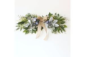 Firlar 25.6 Inch Artificial Daisy Blueberry Eucalyptus Leaves Swag with Bowknot, Faux Silk Flower Front Door Wreath Fake Greenery Garland Arbor Floral Arrangements for Wedding Arch Party Home Decor
