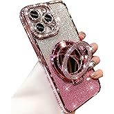 Changjia Magnetic Kickstand Glitter Case for iPhone 13 Pro Max,[Compatible with Magsafe] Bling Sparkly Rhinestones with Camera Protector & Makeup Mirror Women Girls Case for iPhone 13 Pro Max (Pink)
